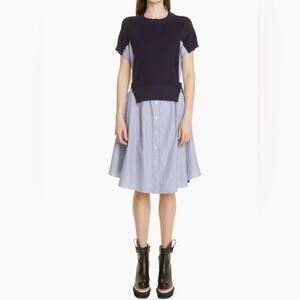 NWOT SACAI Hybrid Shirt Dress Navy Stripe 100% Cotton Knit Overlay Size XS (1)